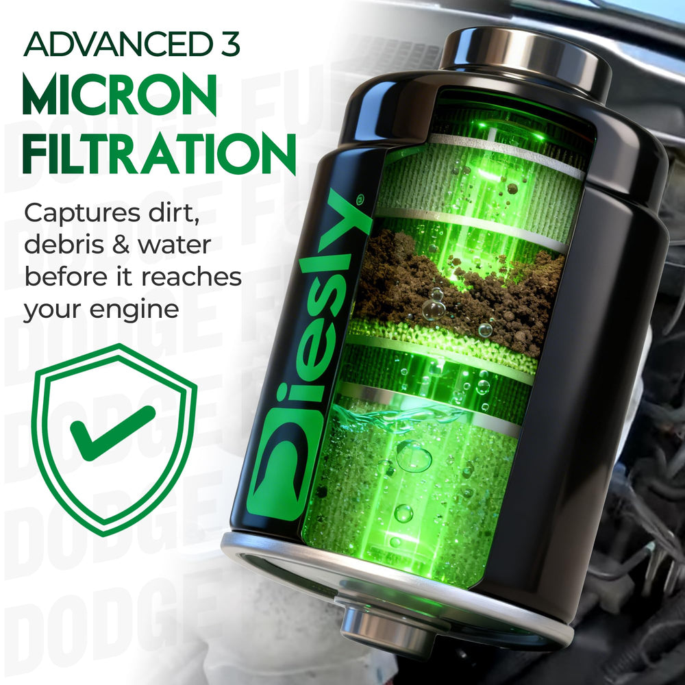 Diesly filter held in hand to show scale and quick-fit replacement convenience