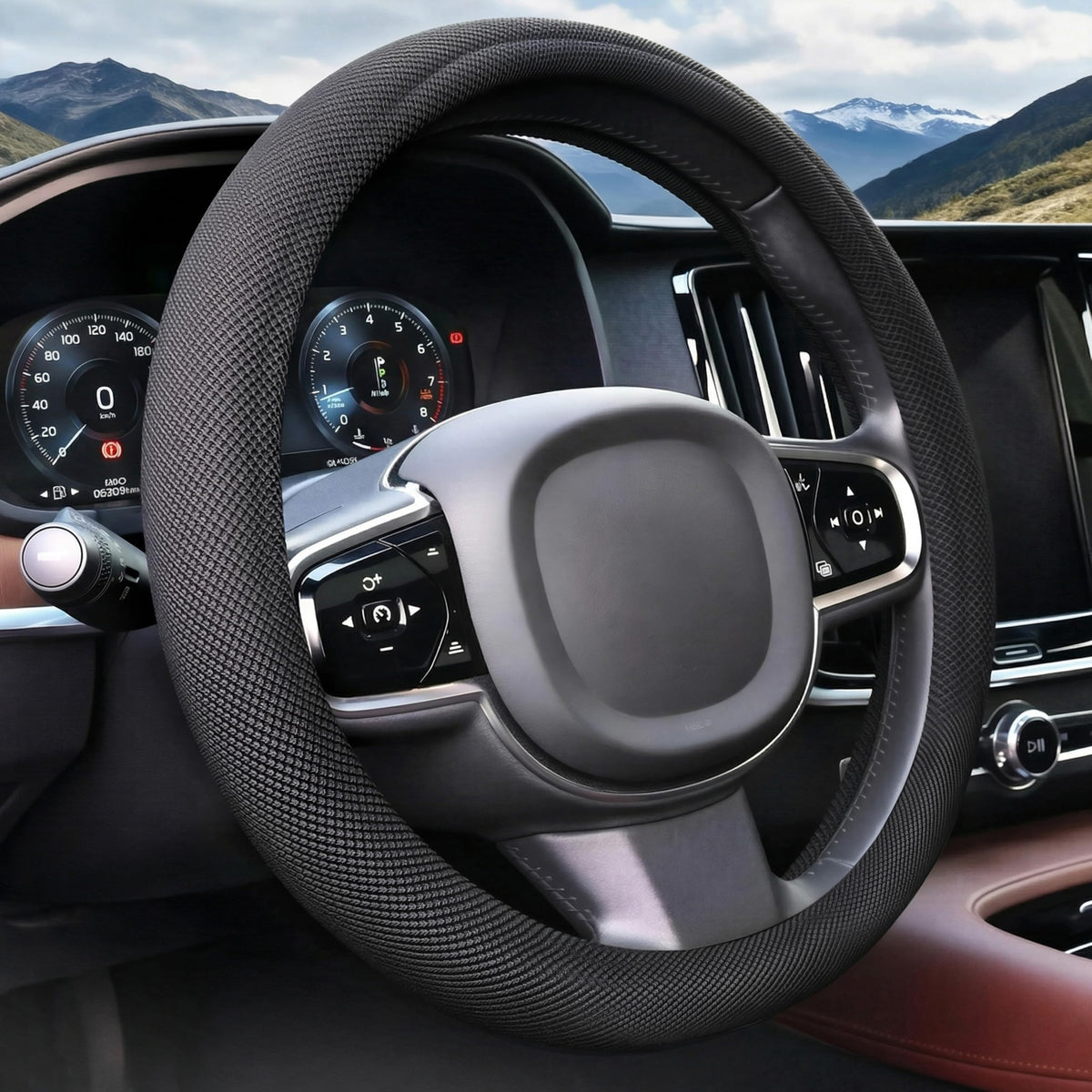 DiHTing front view of black steering wheel cover shows sleek fit and protection