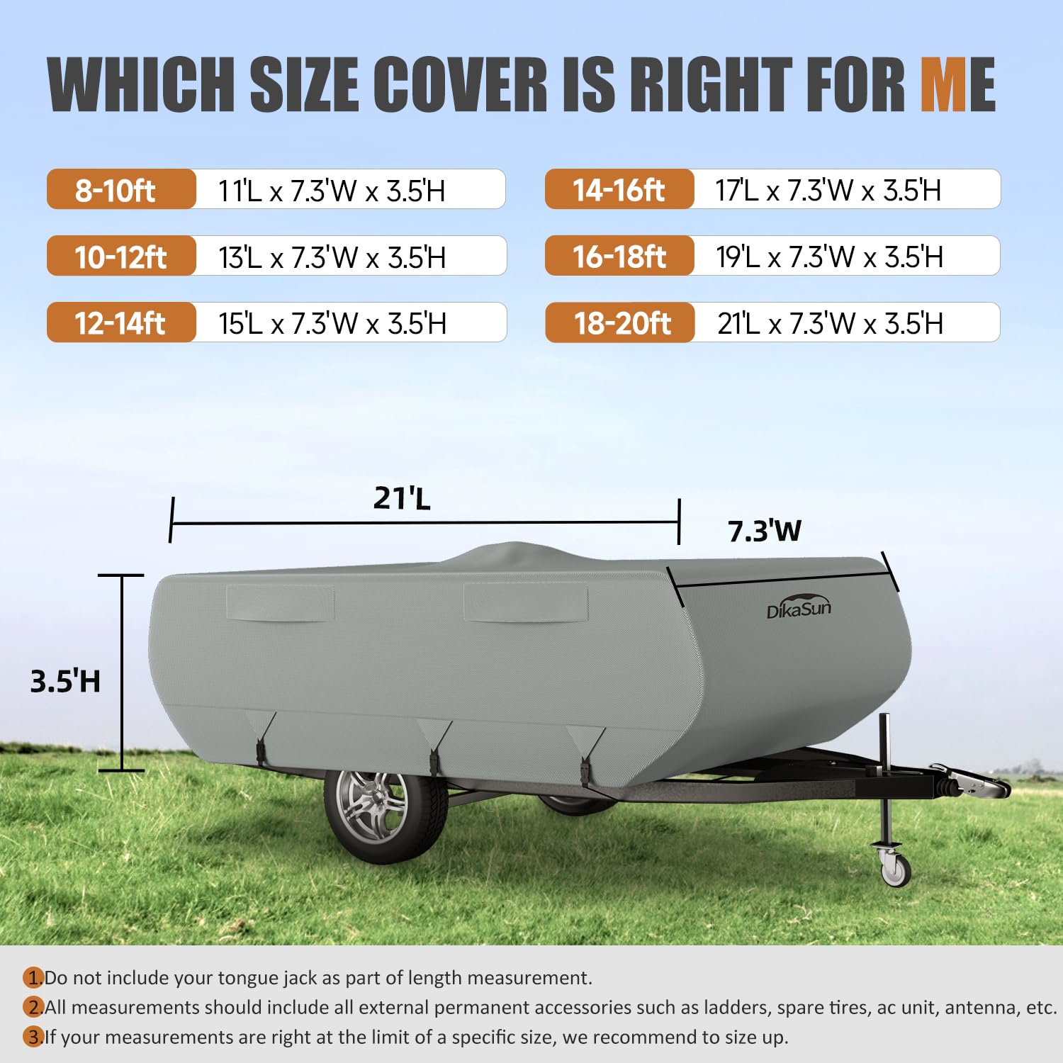 DikaSun cover alongside measuring tape illustrating recommended 10–12 foot fit