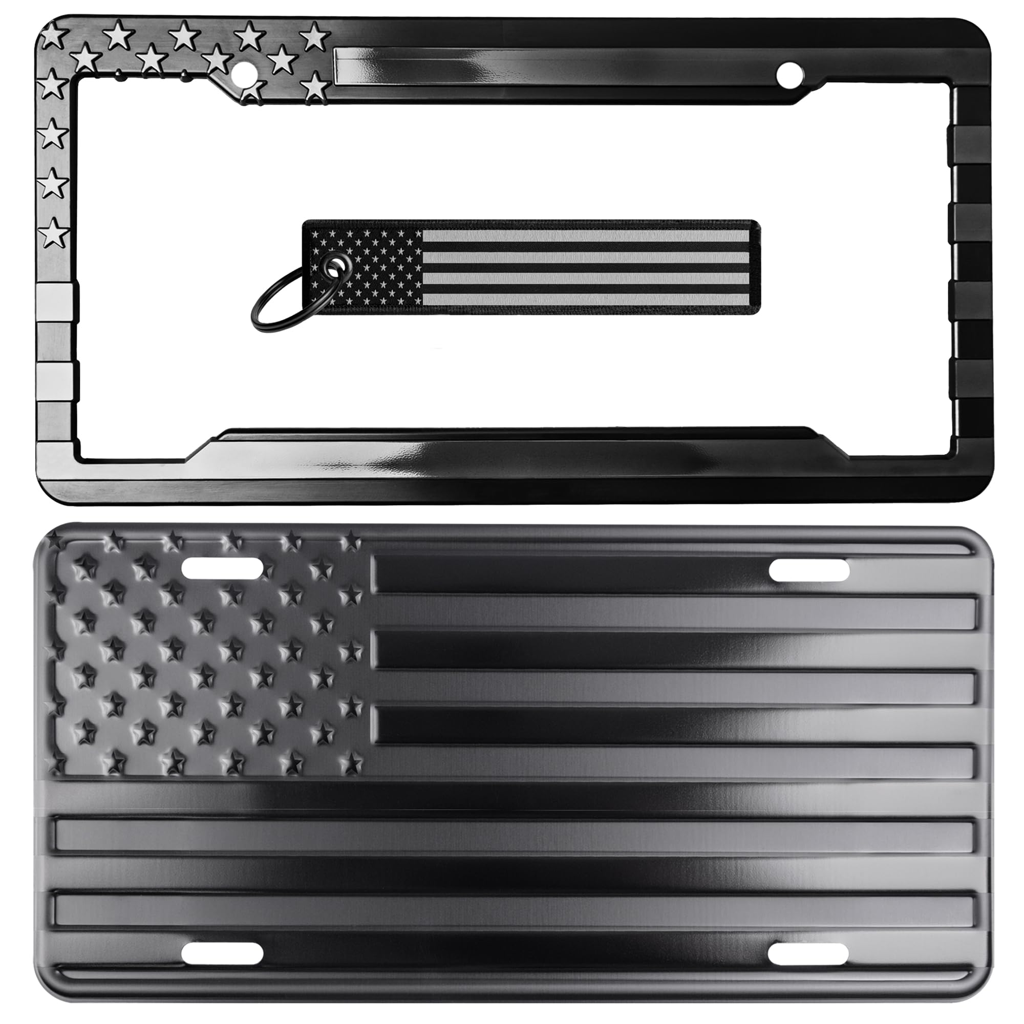 DillenCo license plate front view showing embossed flag benefit: durable styling