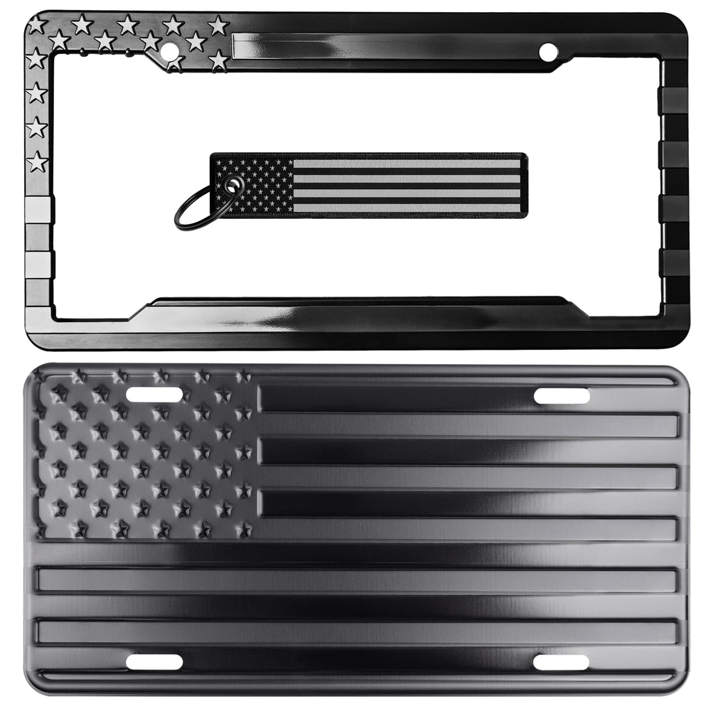 DillenCo license plate front view showing embossed flag benefit: durable styling