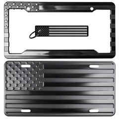 DillenCo license plate front view showing embossed flag benefit: durable styling