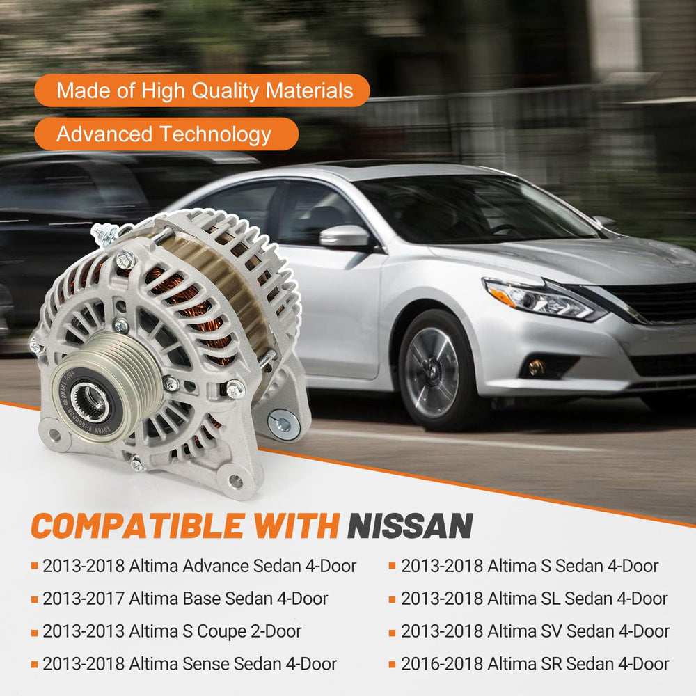 Dilomber alternator installed in Altima engine bay demonstrating easy replacement