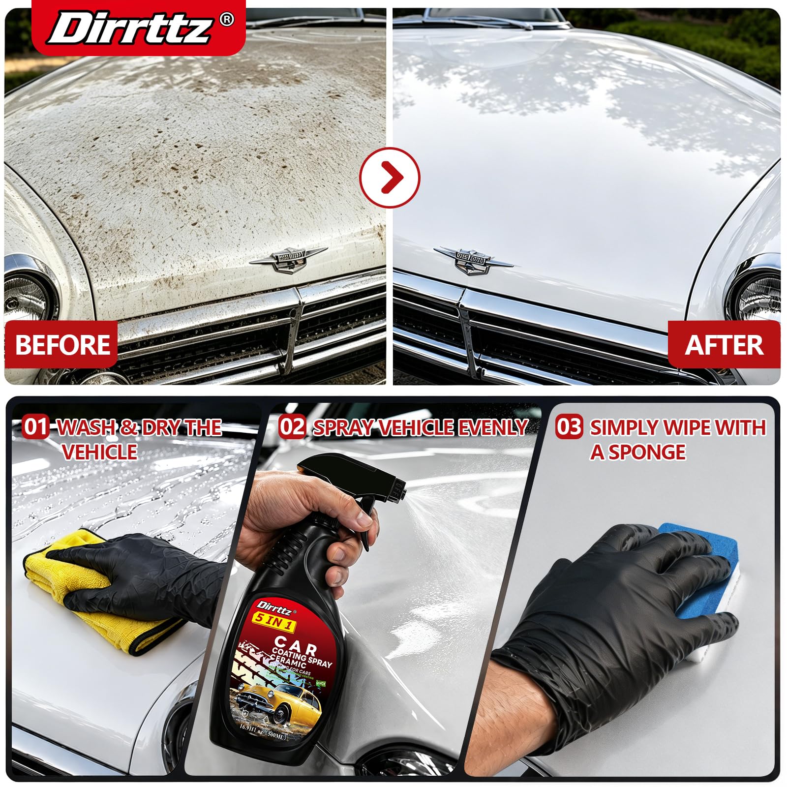 Dirrttz fine mist spraying on car hood demonstrating even coverage and speed