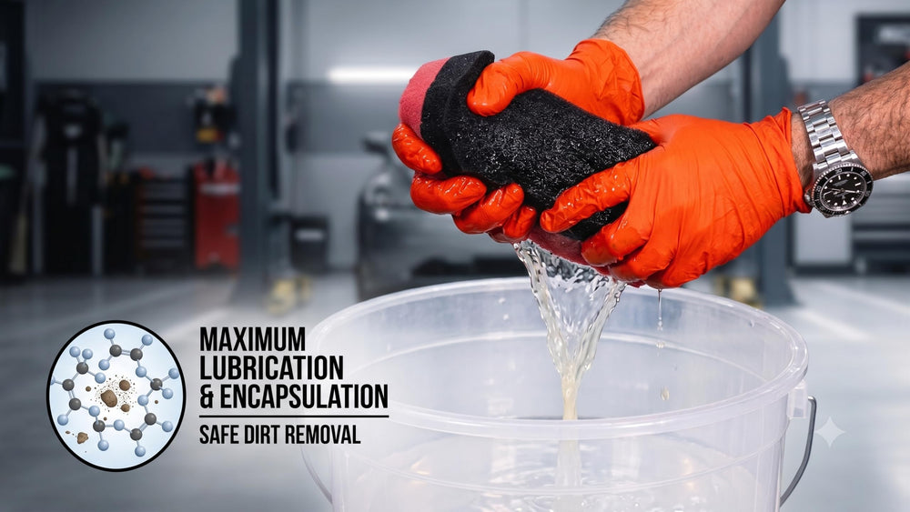 diy detail washing car panel with mitt showing gentle, protective cleaning benefit