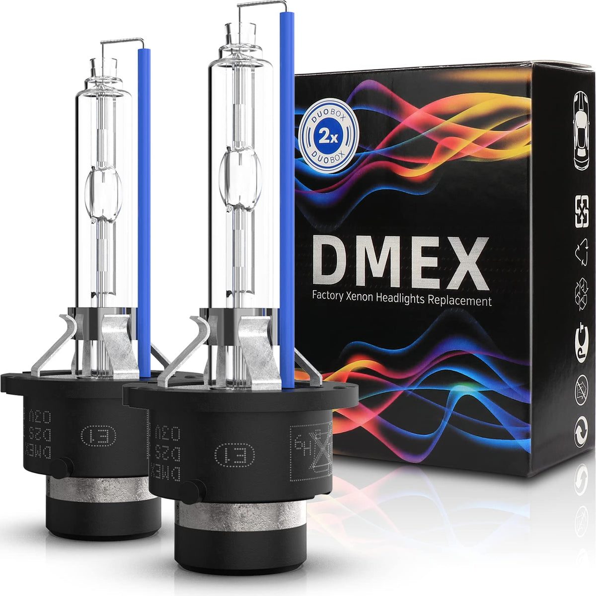 DMEX D2S front view of two bulbs showing bright cool white output benefit