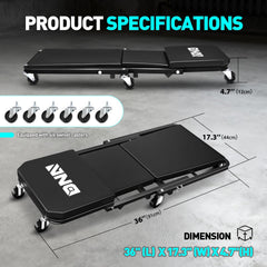 DNA MOTORING caster detail highlighting six polyurethane wheels for smooth movement