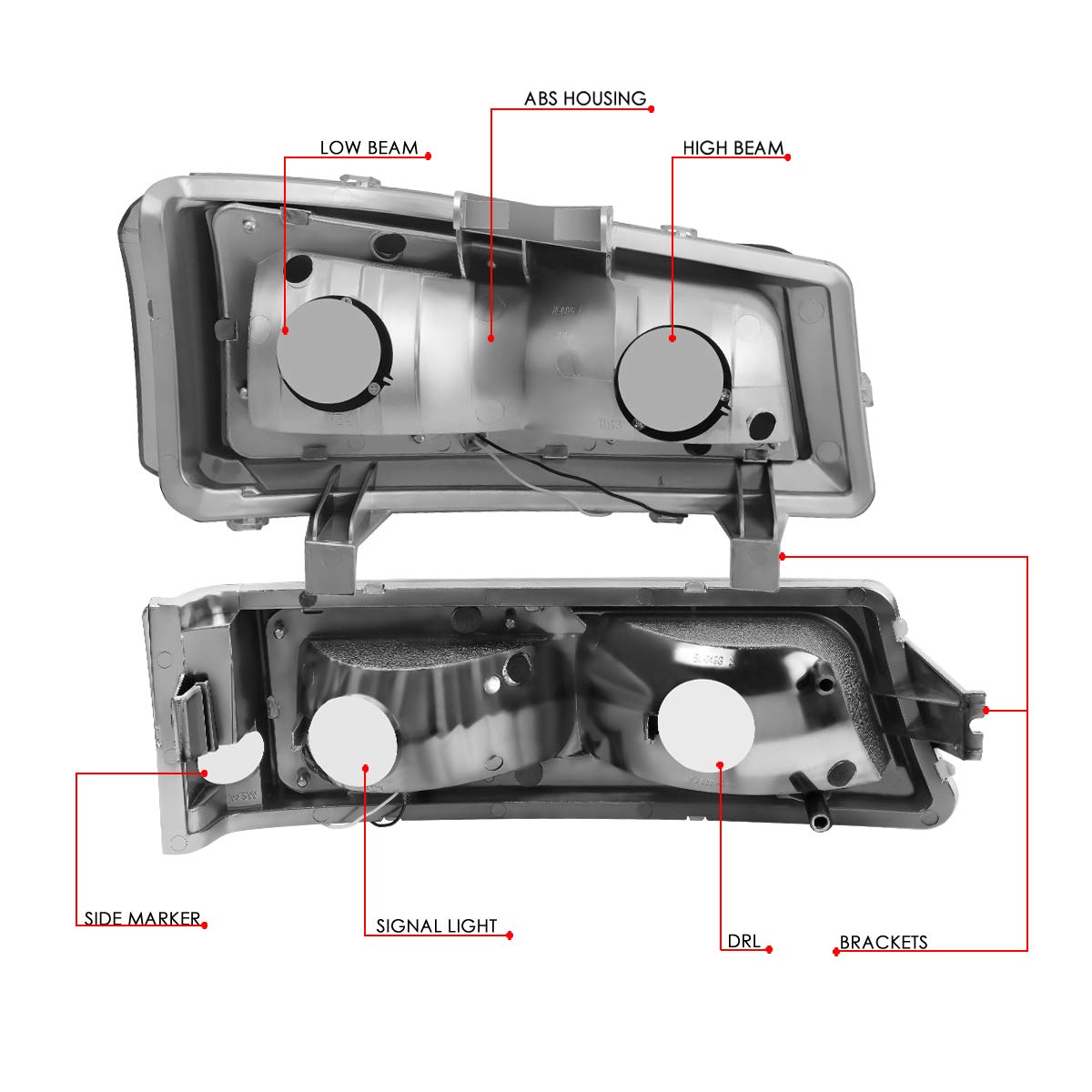 DNA MOTORING complete set boxed layout showing all included head and bumper lamps