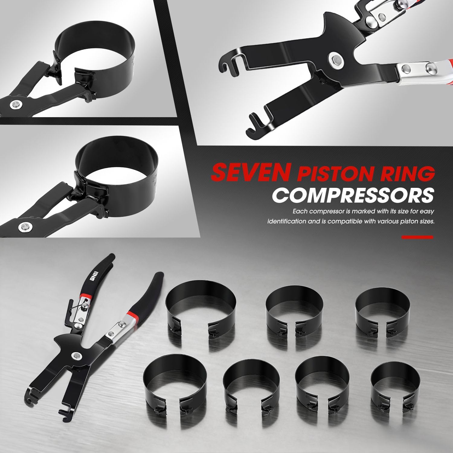 DNA MOTORING labeled piston ring compressors showing size clarity