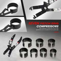 DNA MOTORING labeled piston ring compressors showing size clarity