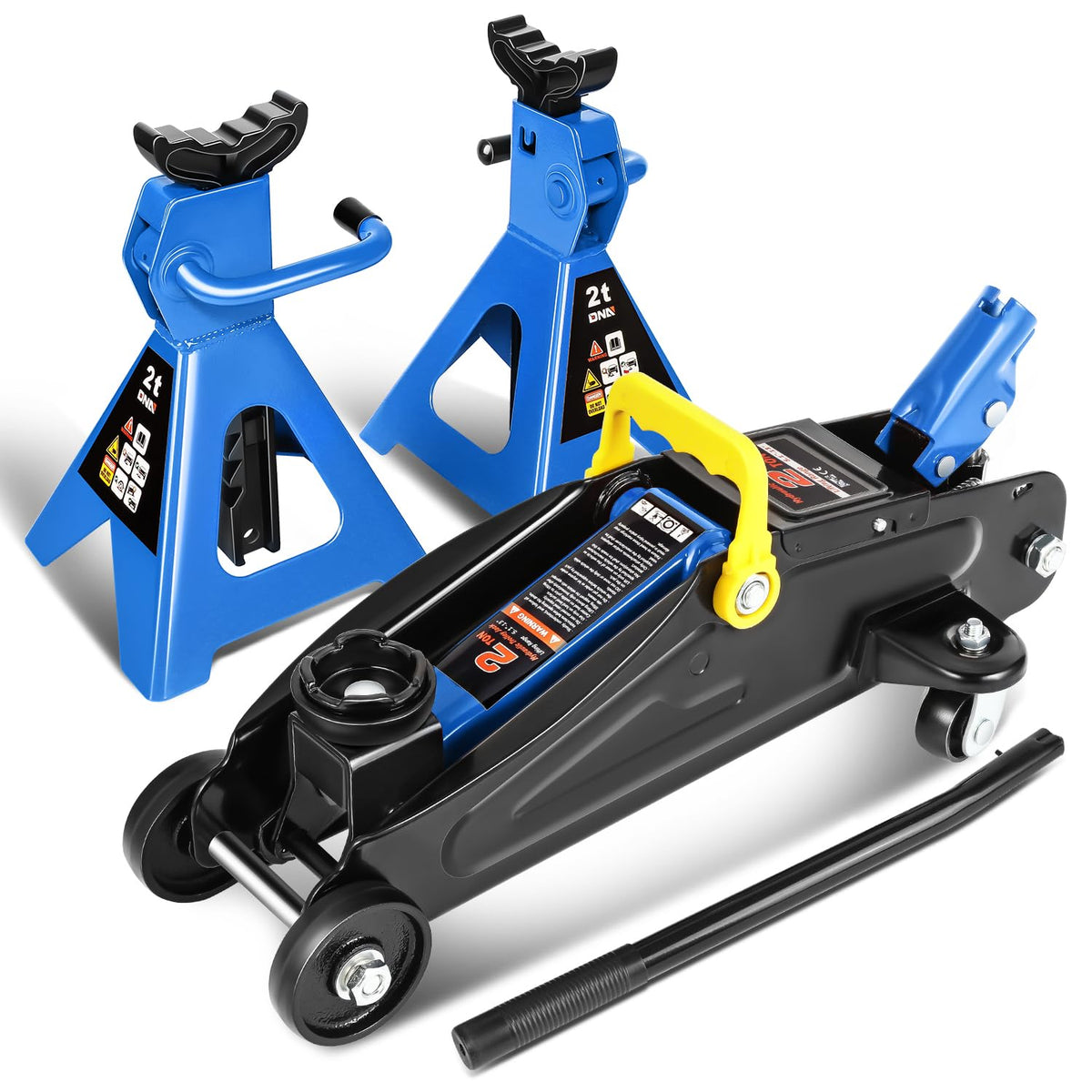 DNA MOTORING floor jack front view showing sturdy frame and quick positioning benefit