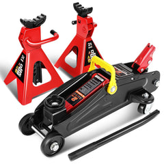 DNA Motoring front view of red-black floor jack showing sturdy frame and quick lift benefit