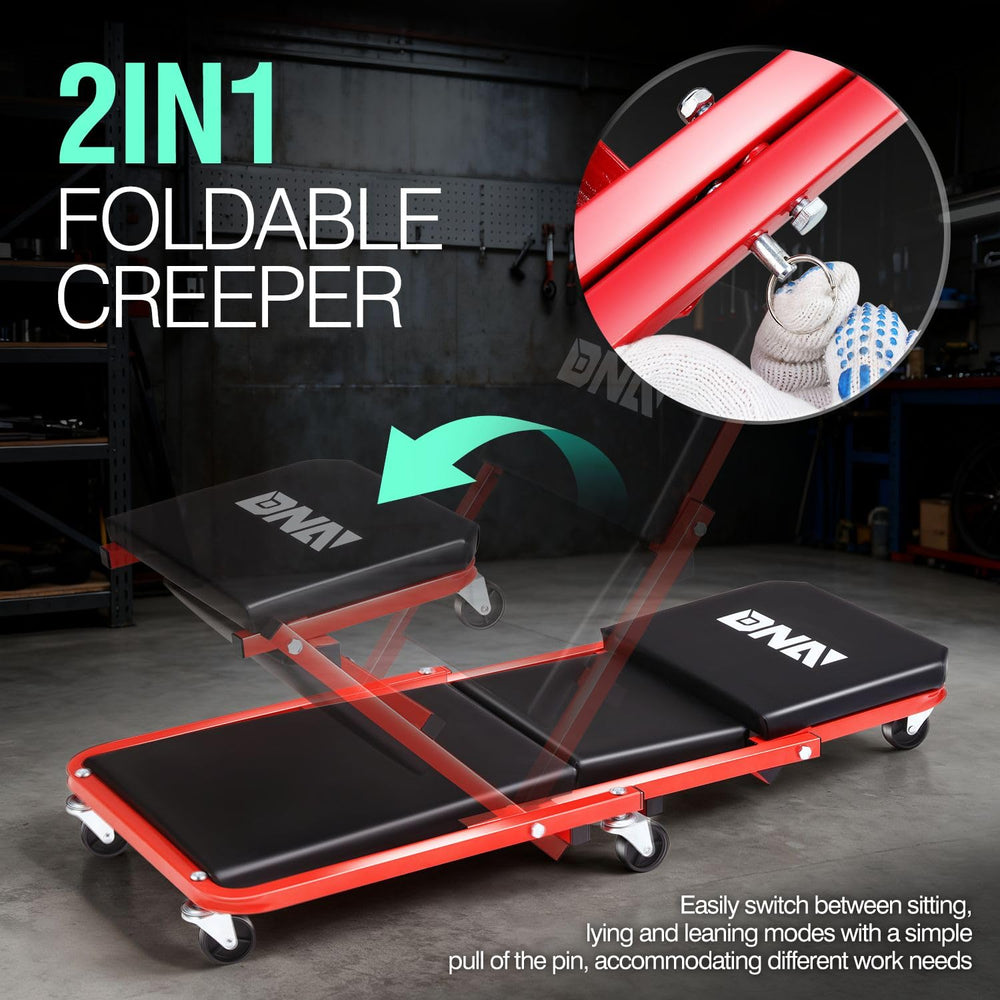 DNA MOTORING folded seat profile demonstrating compact storage and quick-conversion benefit