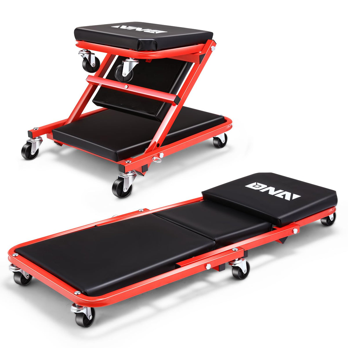 DNA MOTORING front view of rolling creeper seat showing sturdy frame and cushion benefit
