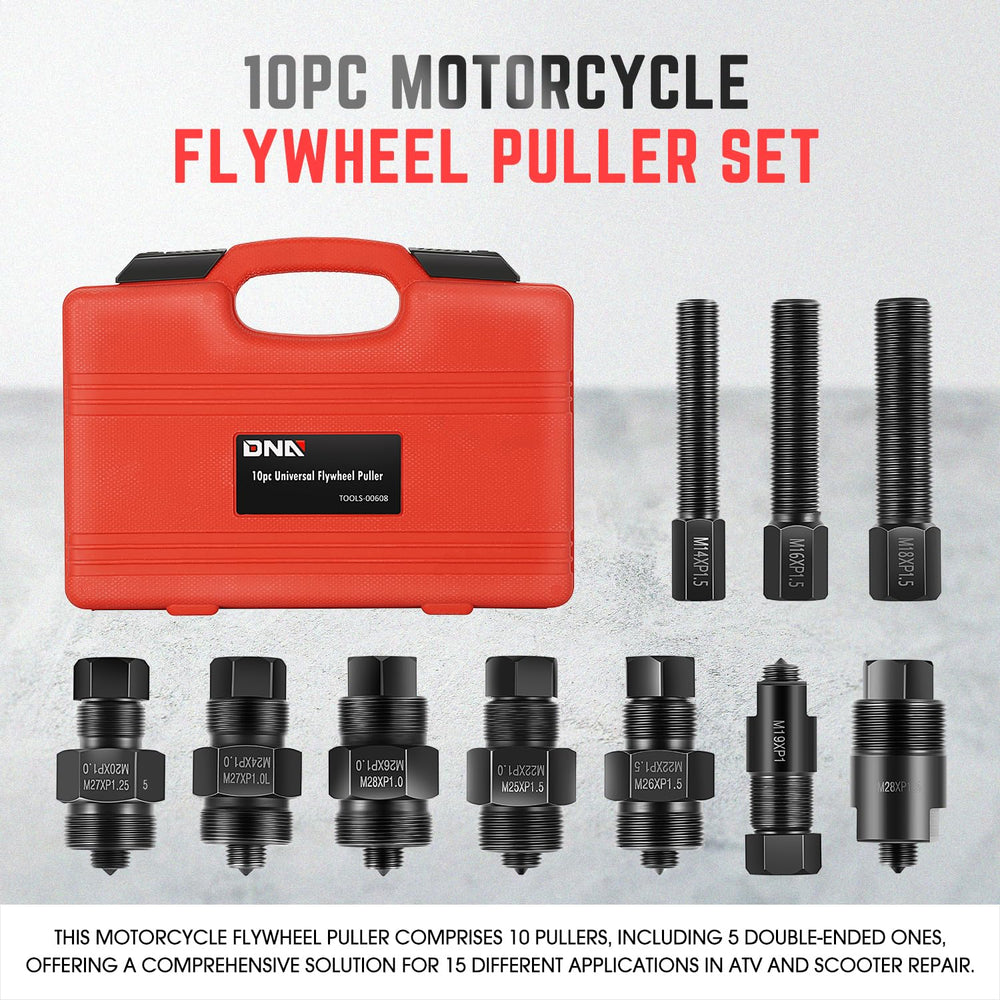 DNA MOTORING puller attached to motorcycle flywheel demonstrating safe component removal