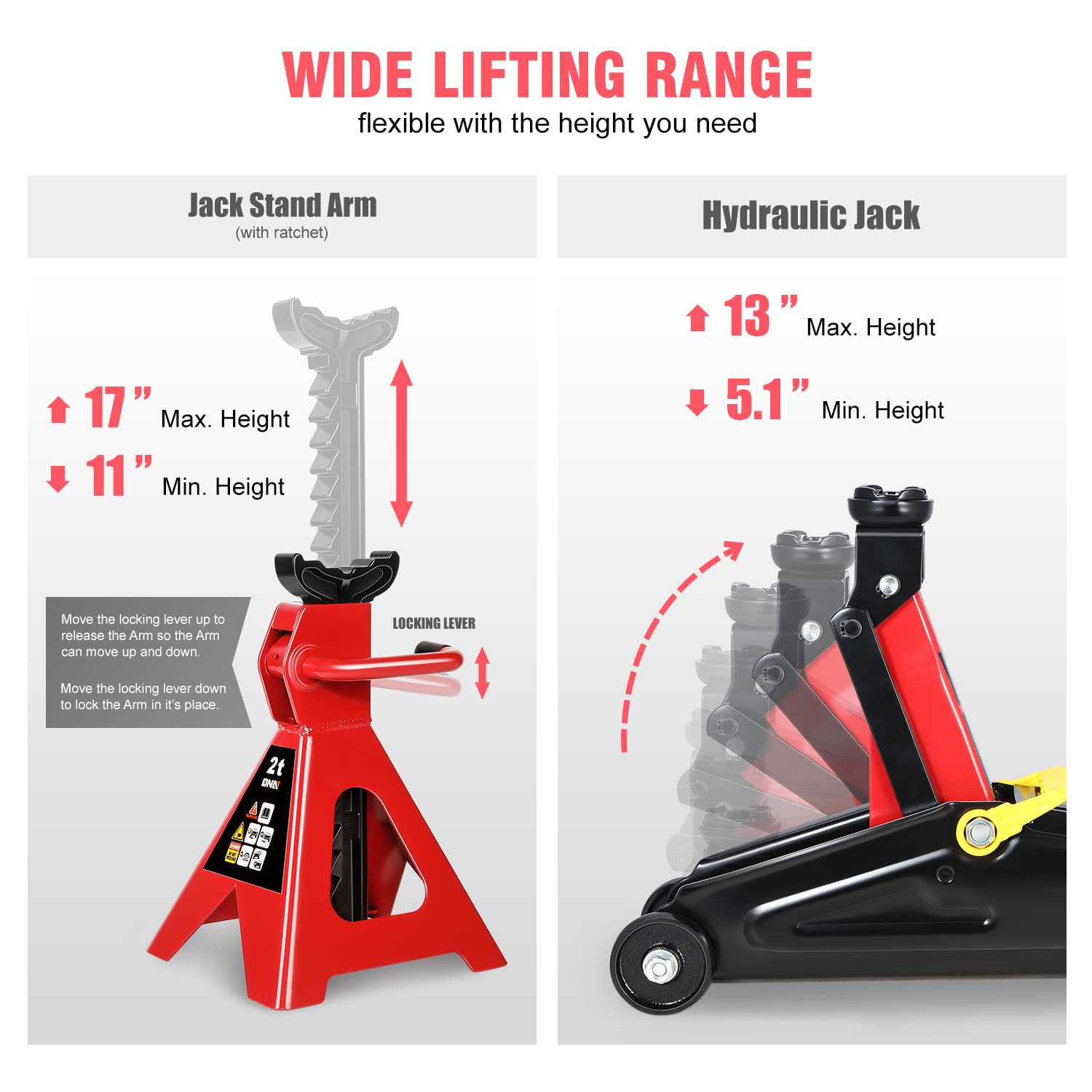 DNA Motoring adjustable ratchet jack stand at full height providing secure vehicle support