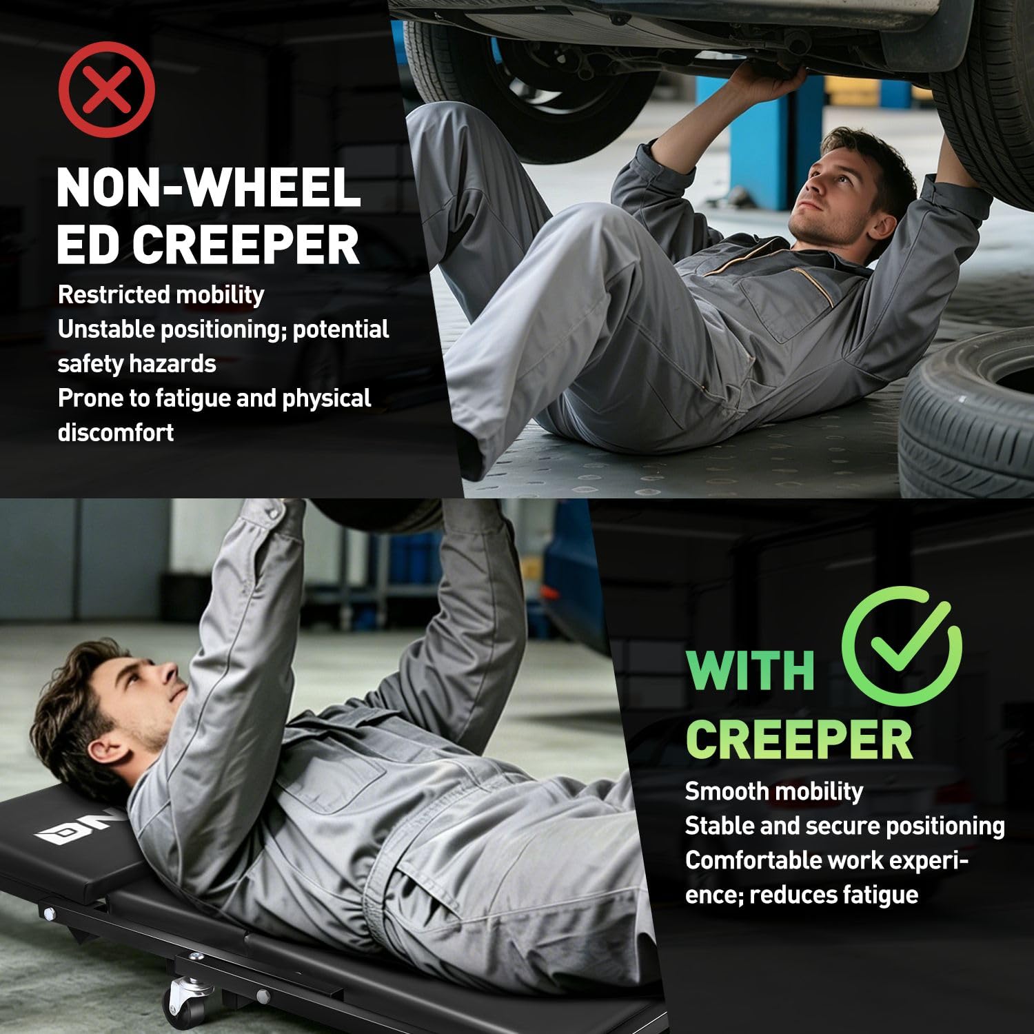 DNA MOTORING folded under-bench storage demonstrating compact space-saving benefit