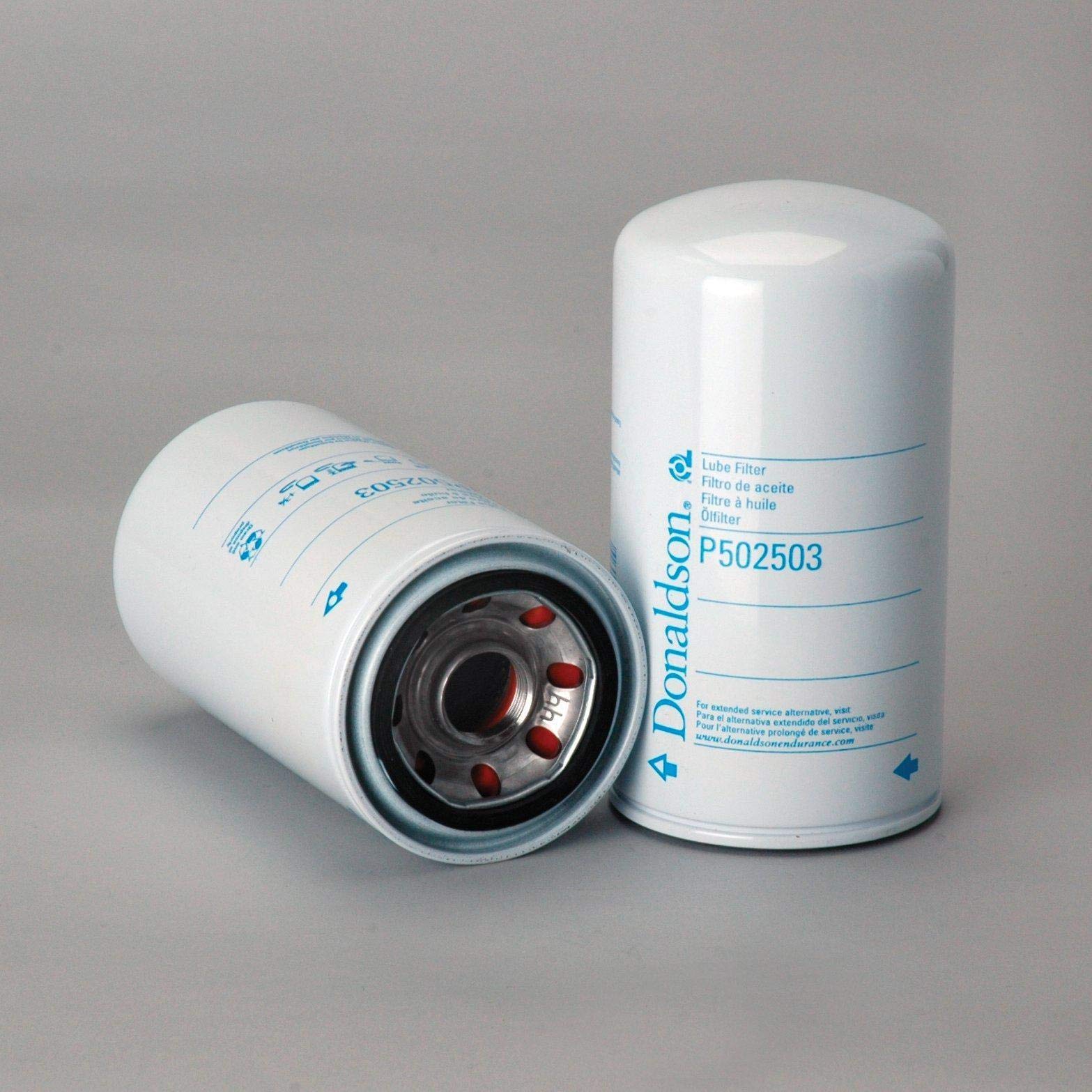 Donaldson P502503 front view showing label and threaded base, durable OE benefit