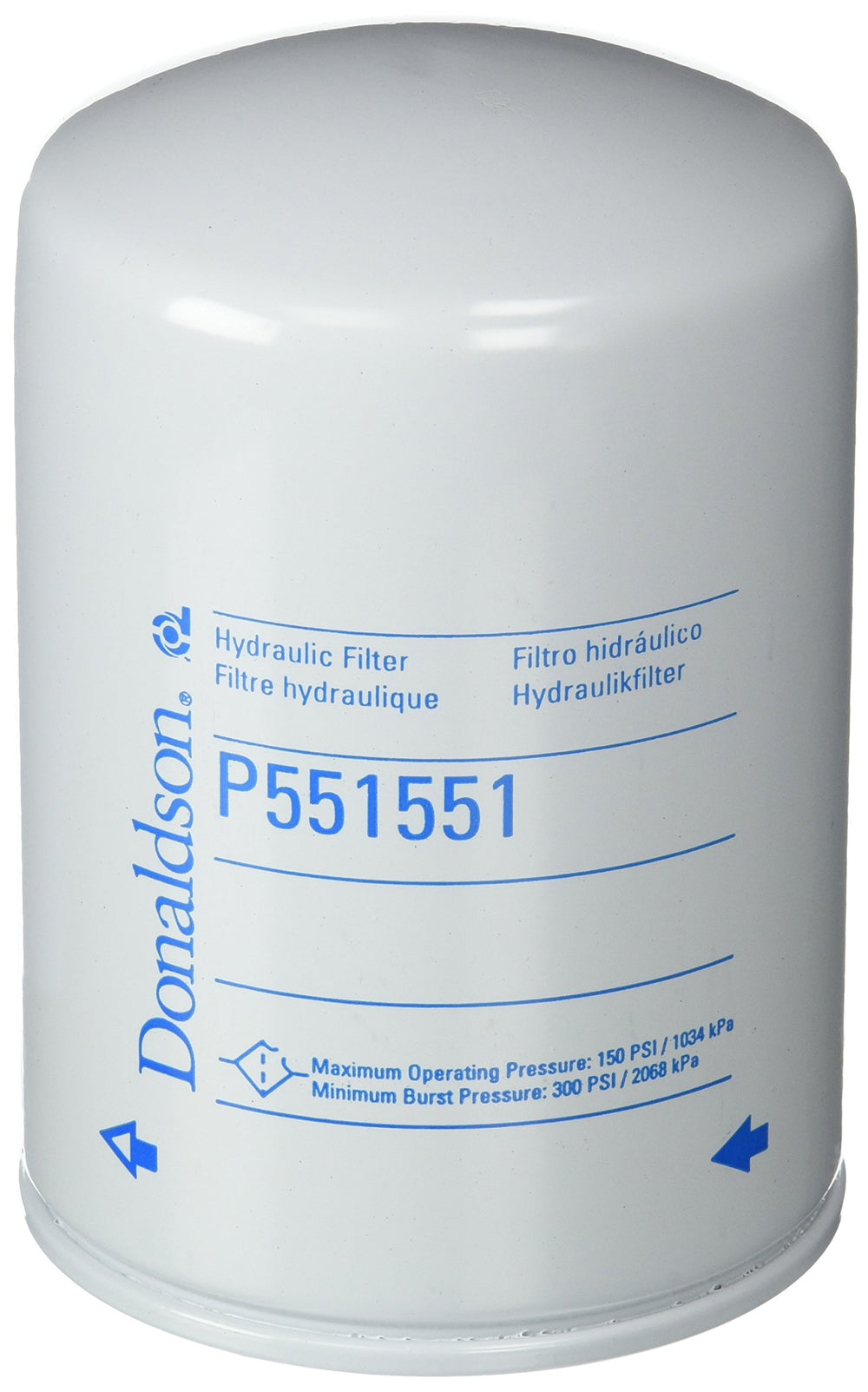 Donaldson P551551 front view showing spin-on canister and label, indicating easy replacement