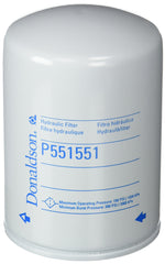 Donaldson P551551 front view showing spin-on canister and label, indicating easy replacement