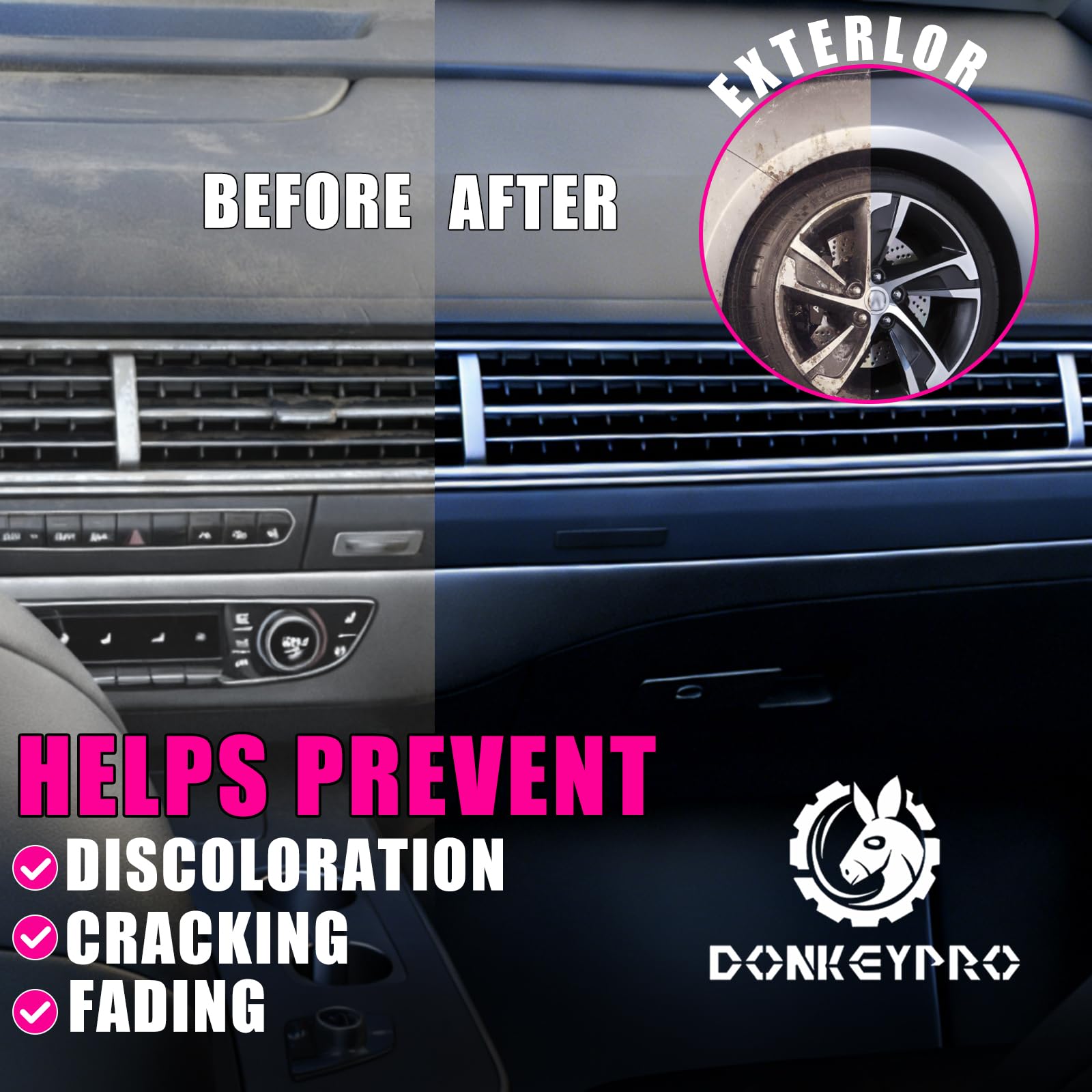 DONKEYPRO close-up on textured plastic demonstrating restored clarity benefit