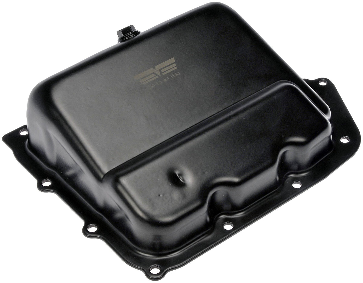 Dorman transmission oil pan front view showing bolt pattern and fit benefits