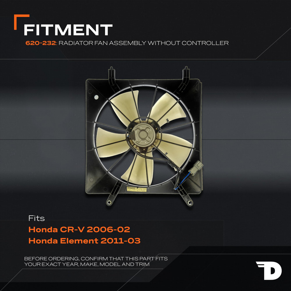 Dorman 620-232 blade detail showing durable plastic blades for consistent airflow