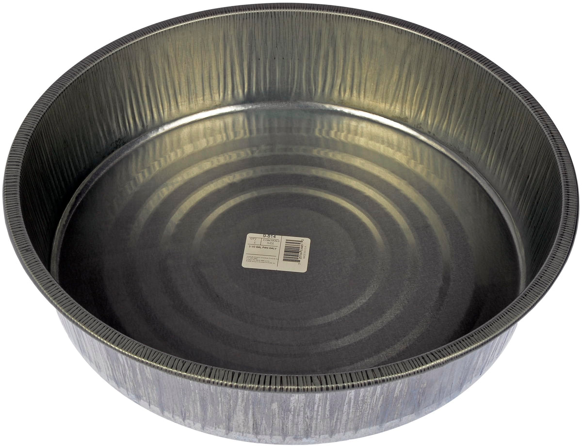 Dorman 9-814 galvanized drain pan front view showing splash guard and handles for cleaner fluid changes