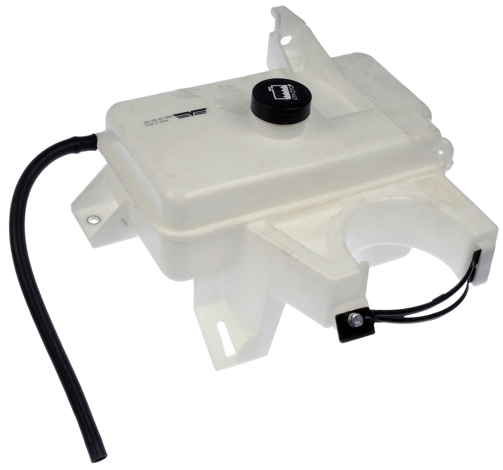 Dorman front coolant reservoir with cap showing replacement fit and easier installation