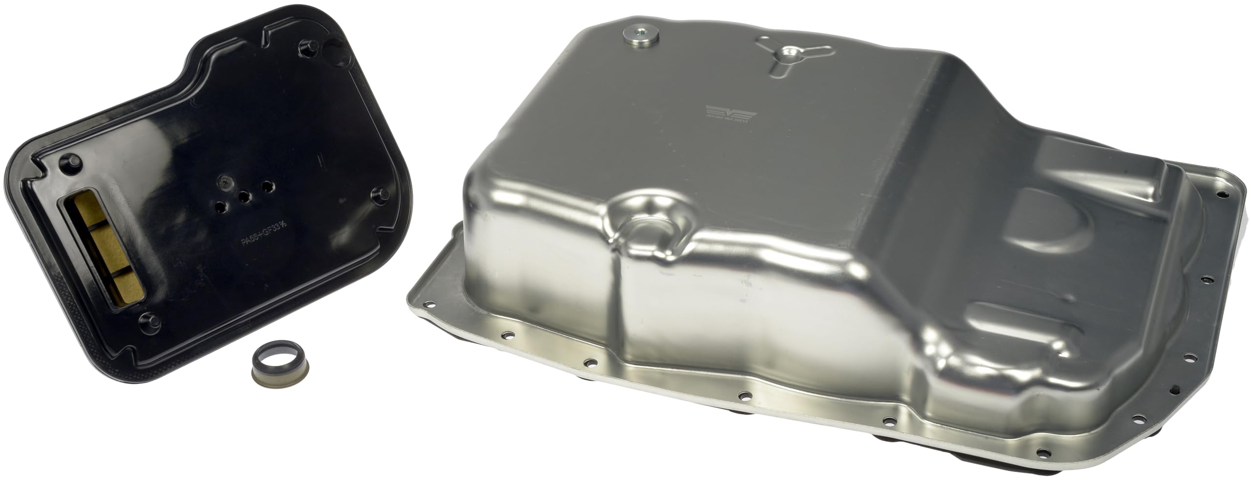 Dorman front transmission pan showing flange and smooth finish for accurate fit