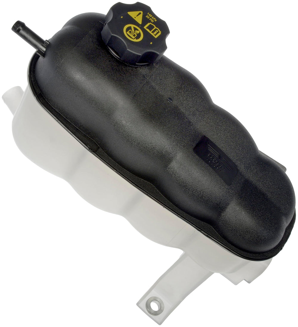 Dorman front view coolant reservoir and cap showing direct-fit advantage
