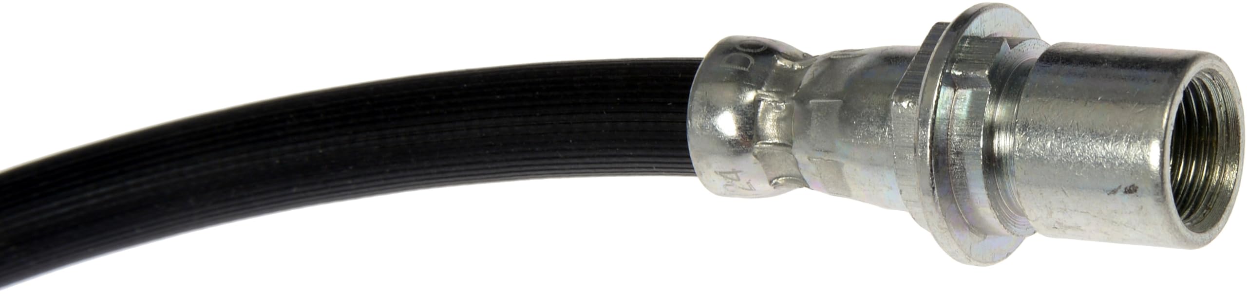 Dorman hose installed on brake assembly showing correct fit and improved reliability benefit