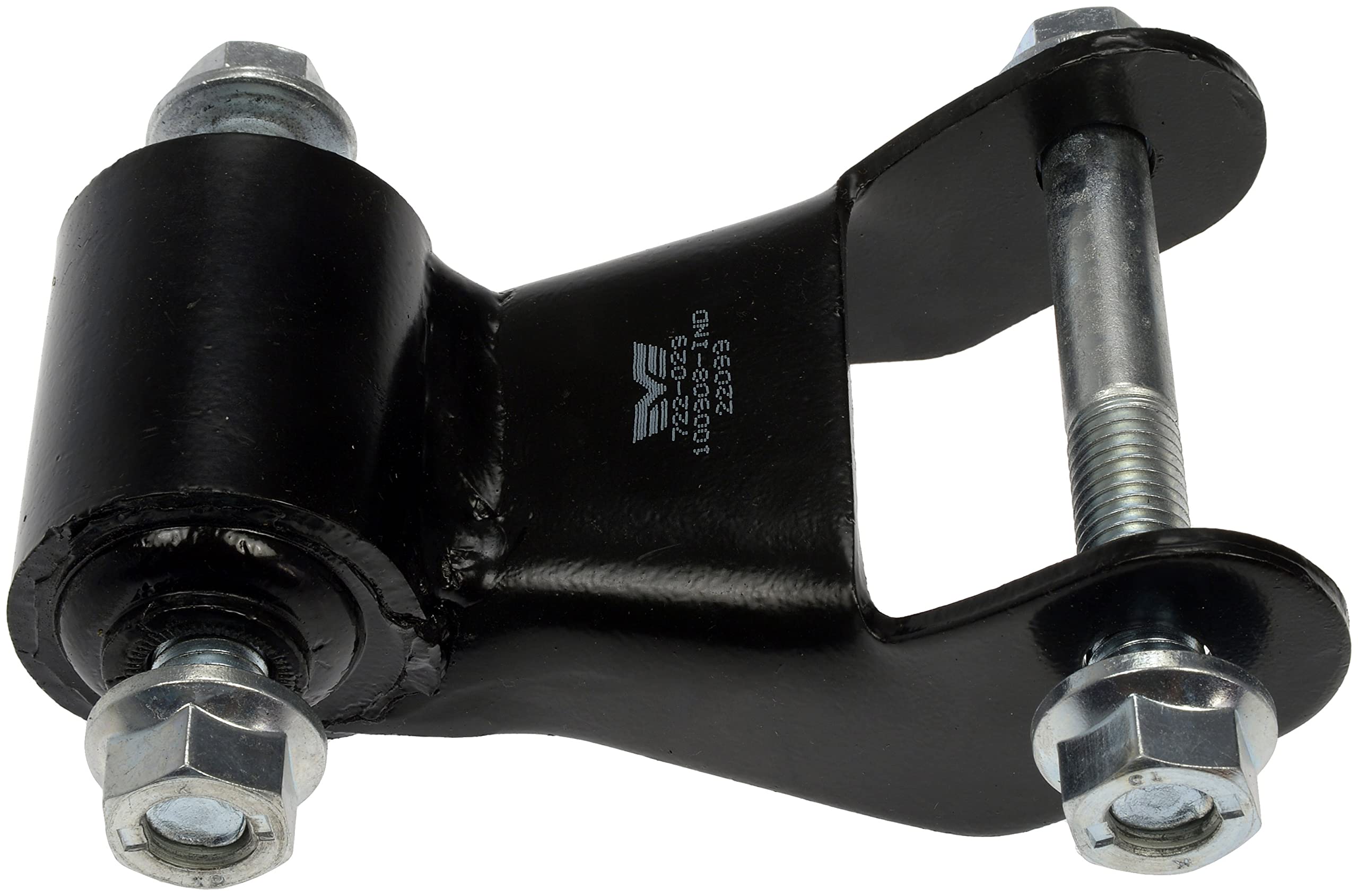 Dorman shackle installed on truck leaf spring demonstrating restored suspension alignment