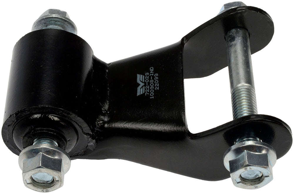 Dorman shackle installed on truck leaf spring demonstrating restored suspension alignment