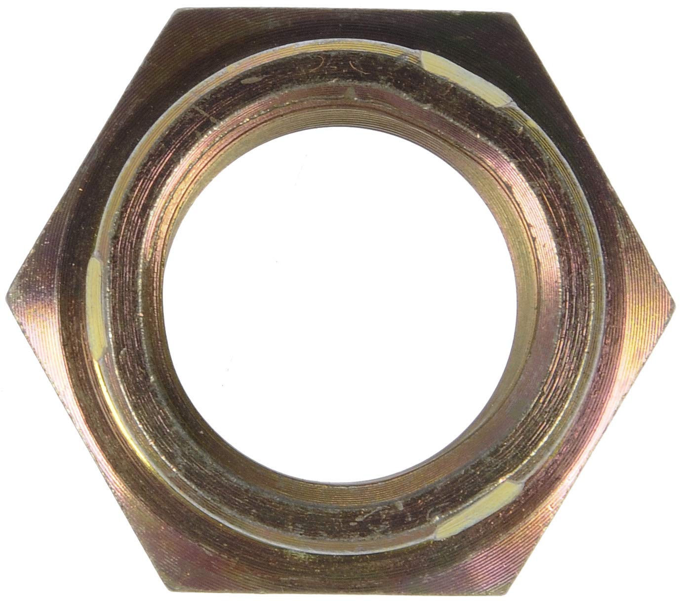 Close-up of Dorman spindle nut threads and distorted-lock design, demonstrates durable construction