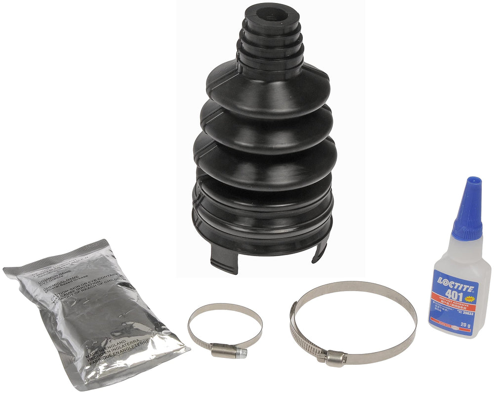 Dorman split CV boot front packaging showing included parts and benefit of direct replacement