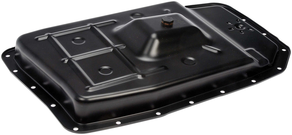 Dorman transmission pan front view showing clean OE-fit design and easy installation benefit
