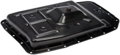 Dorman transmission pan front view showing clean OE-fit design and easy installation benefit