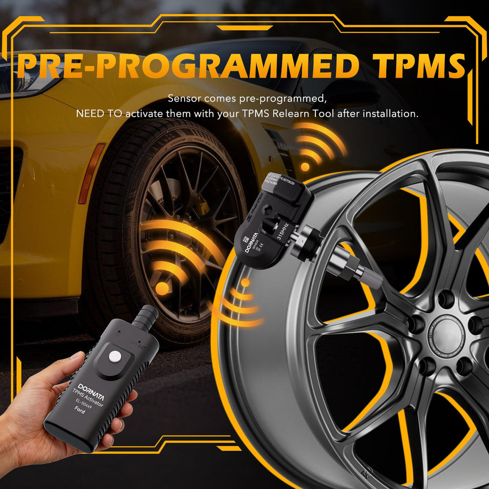 DORNATA relearn tool held near tire valve during programming — quick ECU sync