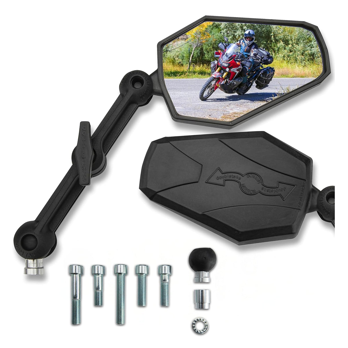 Doubletake Mirror front packaging showing Adventure 6 kit and clear benefit