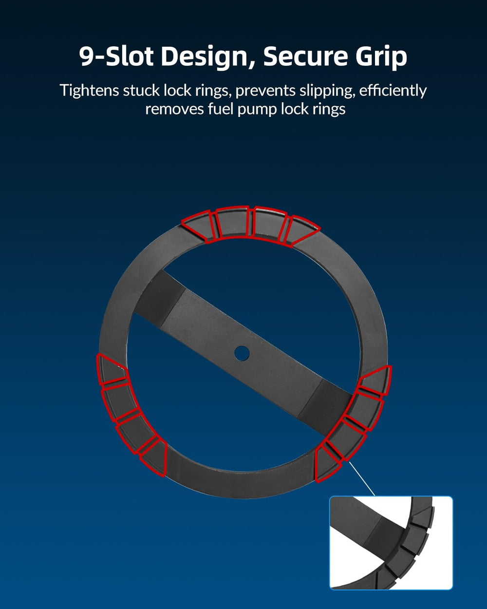 DPTOOL close-up of 9-slot engagement to prevent slippage and protect retainer