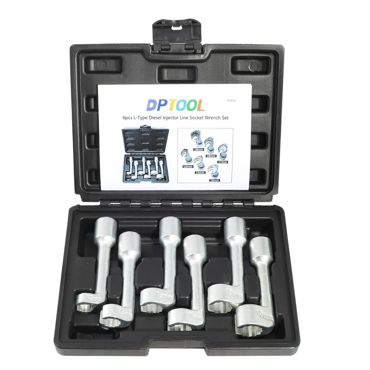 DPTOOL front packaging showing the 6-piece injector line socket set and portability benefit