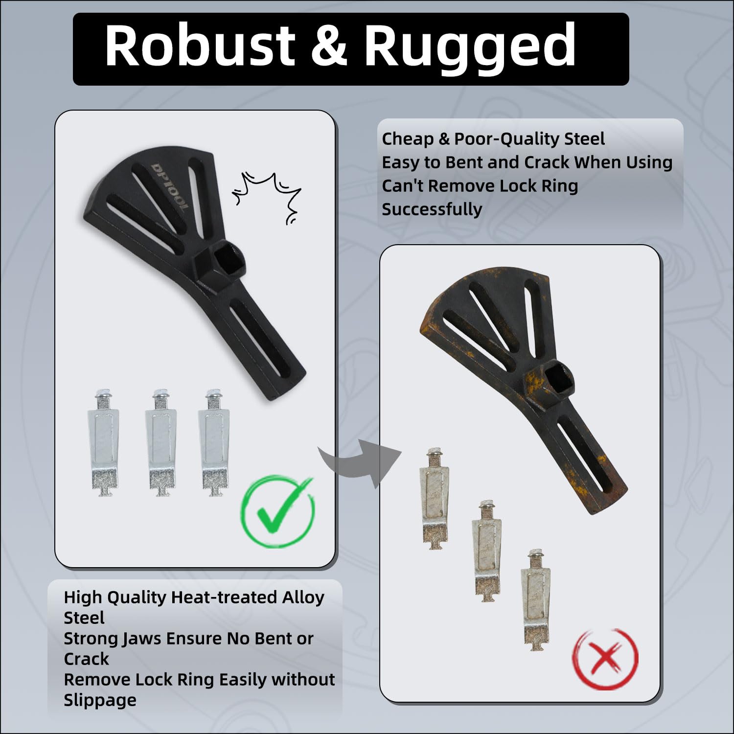 DPTOOL stamped specifications and label close-up showing model info and reliability assurance benefit
