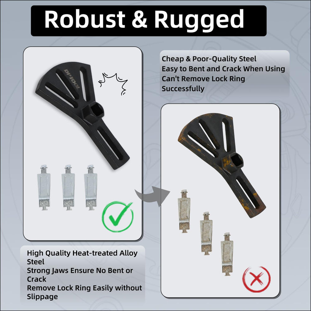 DPTOOL stamped specifications and label close-up showing model info and reliability assurance benefit