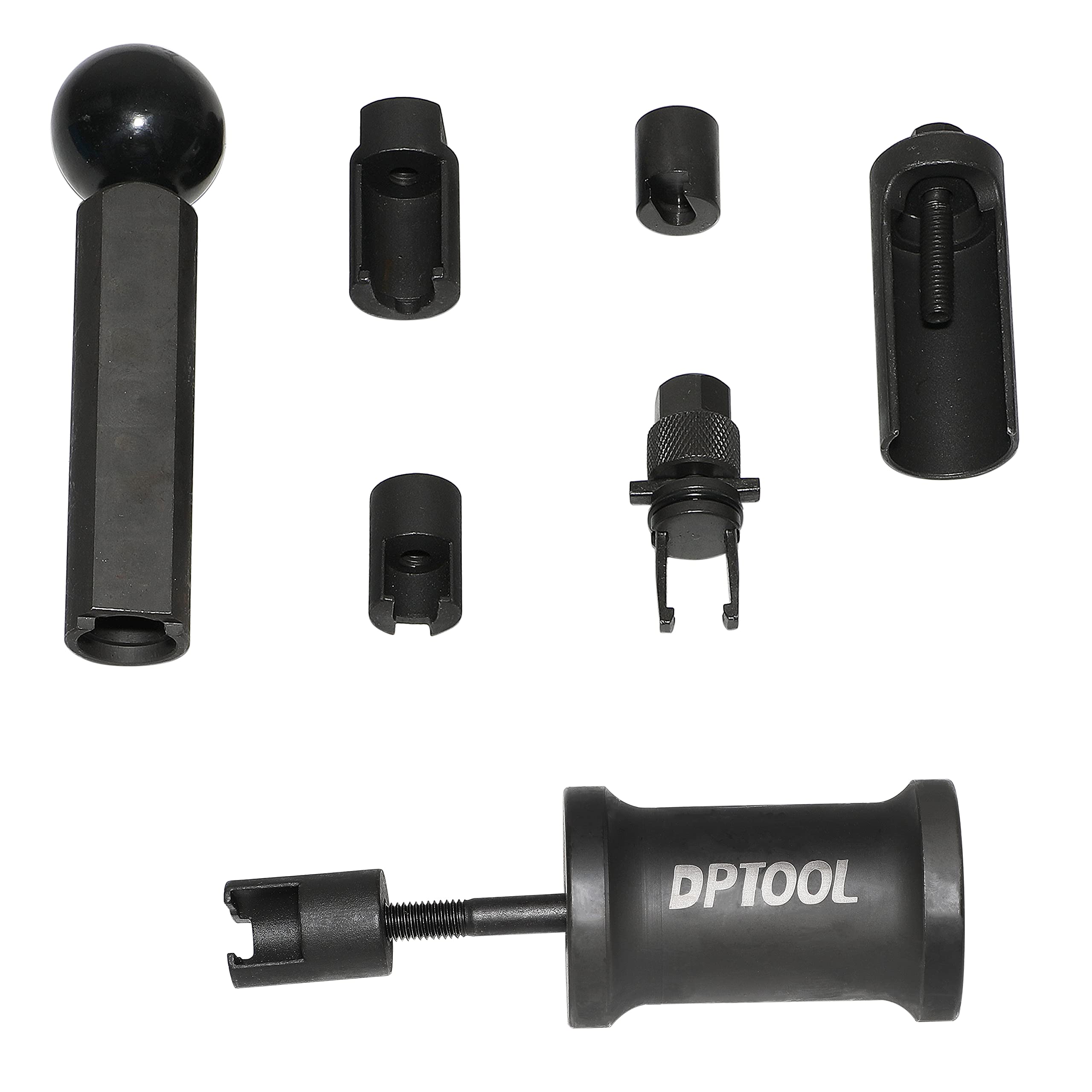 DPTOOL assortment of puller adapters laid out, matches multiple Audi VW injector shapes