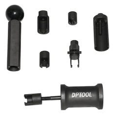 DPTOOL assortment of puller adapters laid out, matches multiple Audi VW injector shapes