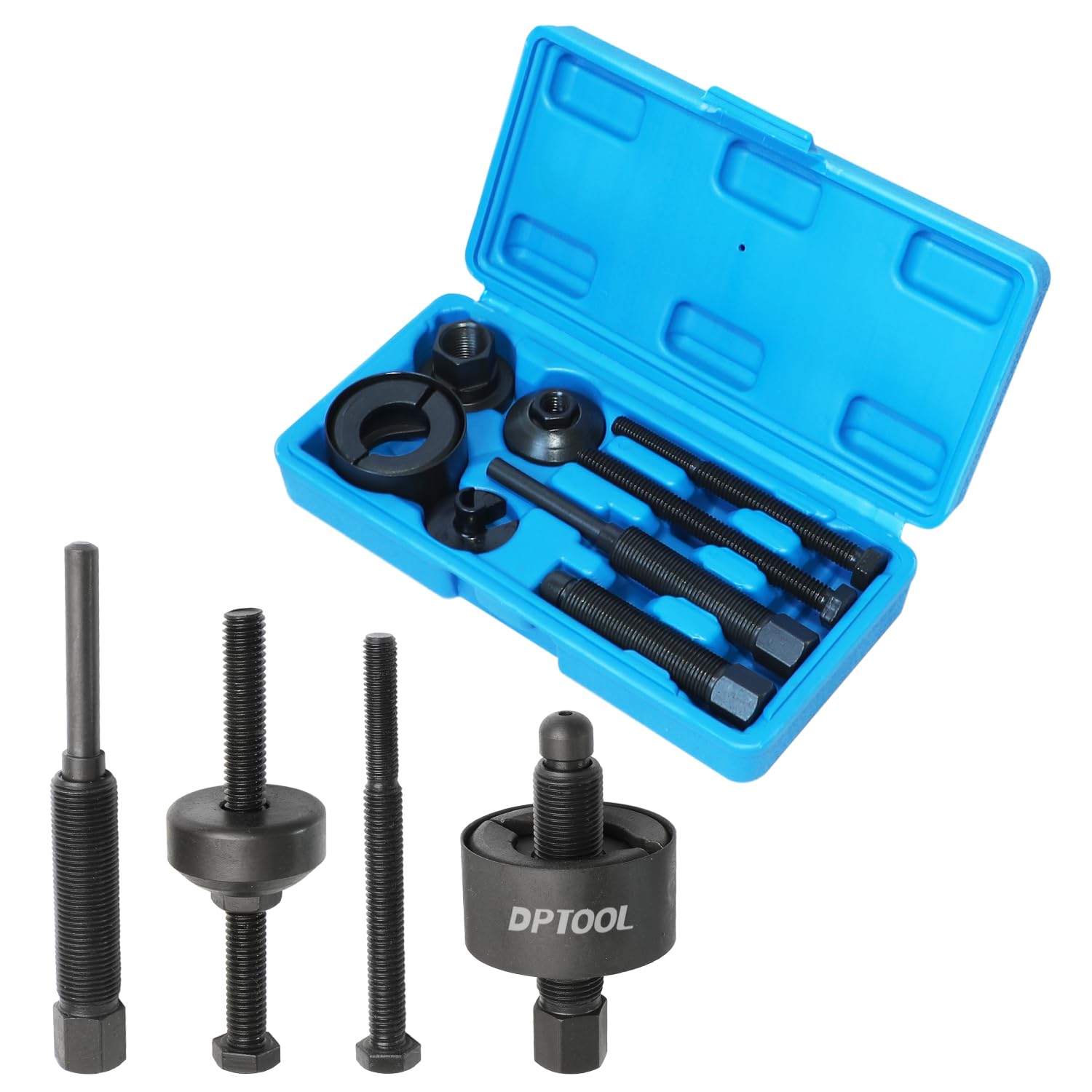 DPTOOL kit front view showing full pulley puller set and case for quick identification and portability