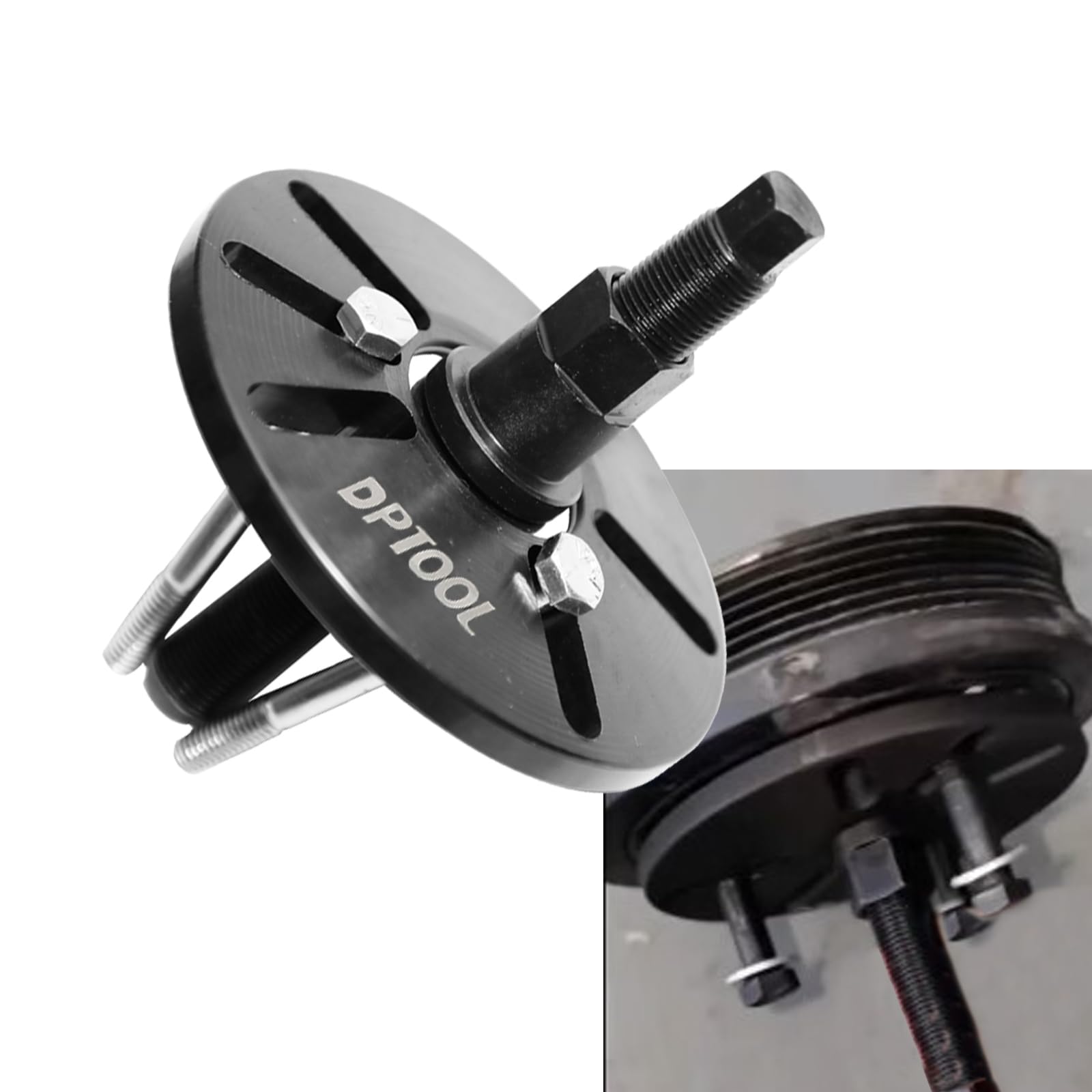 DPTOOL tool in use on engine pulley illustrating safe, even removal benefit