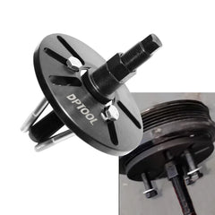 DPTOOL tool in use on engine pulley illustrating safe, even removal benefit
