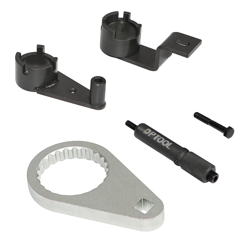 DPTOOL tool installed on 2.8L Duramax engine holding camshaft steady for safe servicing